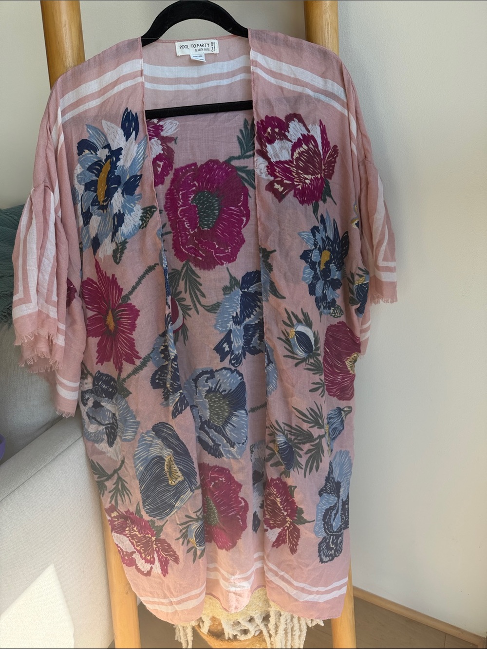 SwIm cover up: Subtle Luxury Pink Floral Open Kimono with Blue & Magenta Blooms